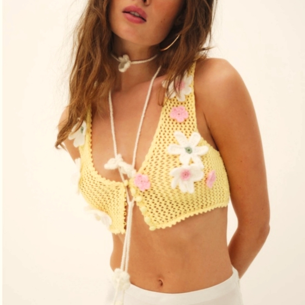 For Love And Lemons Yellow Crochet Floral Top